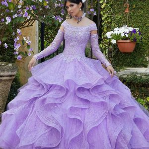 Лавандовые каскадные оборками Quinceanera платья сладкие 16 платьев с съемным с длинным рукавом от плеча Vestidos 15 Anos
