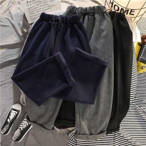 Houzhou Winter Warm Wide Benbyxor Kvinnor Koreansk stil Överdimensionerad Woolen Jokers Black High Waist Byxor för Kvinna 211115