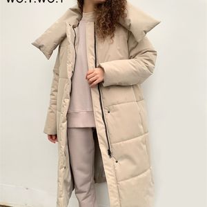 WOTWOY Oversized Long Thick Padded Parkas Women Wide-Waisted Cotton Liner Winter Jackets Female Loose Fit Casual Solid Coat 210923