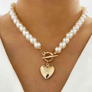 Punk Thick Chain Pearl Fashion Heart Locket Coin Lock Pendant Necklace for Women Statement Jewelry Gifts