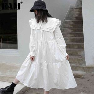 [EAM] Kobiety Biały Duży Rozmiar Plisowane Ruffles Elegancka Sukienka Potargany Z Długim Rękawem Loose Fit Fashion Wiosna Jesień 1DD8318 21512