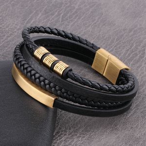 Charm Bracelet Men Multilayer Leather Handmade Wristbands with Magnetic Stainless Steel Closure Length 19cm-22cm