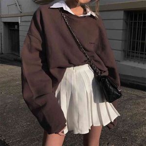 Lettera Ricamo Oversize Marrone Y2k Felpa Donna Abbigliamento invernale Tendenza Harajuku Manica lunga Pullover Top Outfit 210805