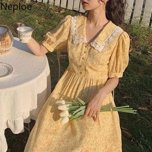 Neploe Coreano Stampa Abito Donna Dolce Elegante Abito Patchwork Pizzo Maxi Abiti Temperamento Slim Fit Abiti Vintage Mujer 4i828 210422