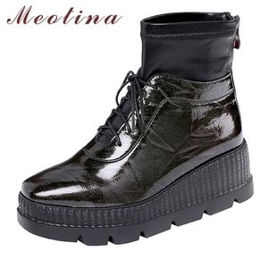 Winter Ankle Boots Women Patent Leather Platform Wedge High Heel Short Zipper Round Toe Shoes Lady Autumn Size 39 210517