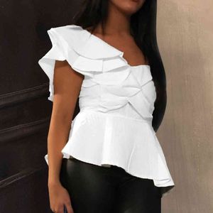 One Shoulder Women's Sexy Tops White Layer Ruffles Blouse Summer Party Wear Shirt with Zipper Chemisier Femme Blusas 210416