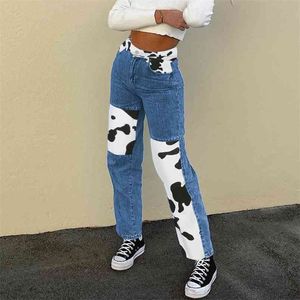Leite Vaca Impressão em linha reta Y2K jeans para meninas fêmea fêmea mulheres remendadas calças jeans vintage calças de cintura alta Capris streetwear 210510