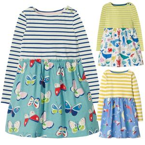 Striped Baby Girl Dress Butterfly Barn One-Piece Klänningar Höstflickor Kläder Barn Blus Outfits 100% Bomull Patchwork 1-10 210413