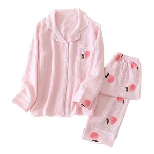 Pesca fresca dolce sonno abbigliamento da donna set di pigiami set primaverili giapponesi 100% cotone a maniche lunghe da notte da notte per homewear 210330 210330 210330