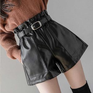 Mode Svart PU Läder Shorts Kvinnor Höst och Vinter Shorts Maistband Koreansk stil Hög midja bredben Shorts Kvinna 11091 210527