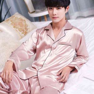 Male Stain Silk Pajama Set Pyjamas Silk Sleepwear Men Smart Soft Pijama Suit Solid Color Satin Home Clothing Summer 211111