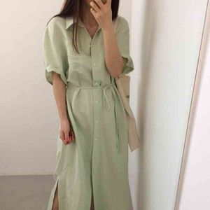 Women Summer Shirt Dress Single Breasted Oversize Korean Style Vintage Split Lace Up Lady Long Dress 210522