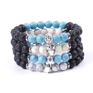 stainless steel Black Lava stone beads Bracelet Men skull Turquoise Punk hip-hop Handmade Bracelets Summer Women Jewelry gift