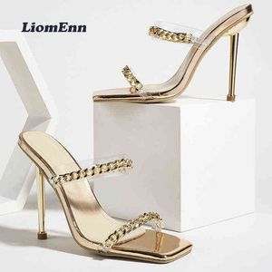 Slippers Chain Gold Thin Heels Women Party Wedding Shoes New Summer Outdoor Casual High Sandals Slides Luxury 220308