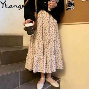 Cake Printed Floral Wild Pleated Skirt Female Black Mid High Waist A Word Long Harajuku Women White College Summer 210421