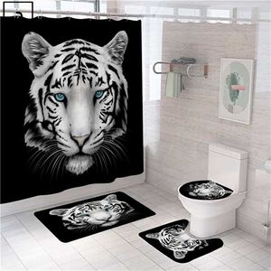 Tiger Leopardの動物印刷のシャワーカーテンポリエステルのカーテンの浴室の浴槽のカーペットセット敷物のトイレのマットクールな家の装飾211116