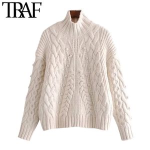 Women Fashion Pompom Apliques Loose Cable-knit Sweater Vintage High Neck Long Sleeve Female Pullovers Chic Tops 210507