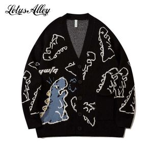 Harajuku Dinosaur Pattern Black Cardigan Sweater Men Vintage Oversized Cartoon Kawaii Coats Autumn Winter Loose Knitted 210909