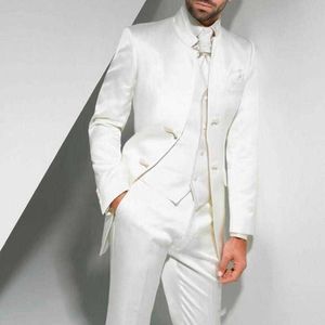 Vintage lange weiße Hochzeit Smoking für Bräutigam 3 Stück benutzerdefinierte formale Männer Anzüge mit Stehkragen Jacke Weste Hosen Terno Fashion X0909