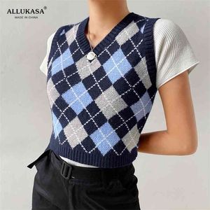 Argyle sweater colete mulheres negras mangas xadrez de malha colheita suéteres casuais outono estilo preppy tops v neck vintage 210819