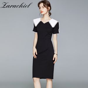 Elegant Sailor Collar Black Pencil Dress Women Short Sleeve Slim Waist Office Ladies Package Hip Bodycon Dresses 210416