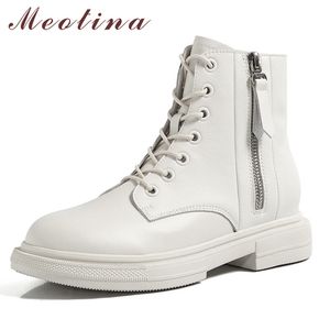 Meotina Genuine Couro Plataforma Plana Botas Botas Botas Botas Botas Mulheres Sapatos Zip Lace Up Senhora Calçado Outono Inverno Preto Tamanho 40 210520