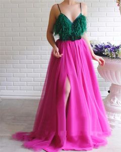 Sexy Spaghetti Feather Prom Pageant Dresses Side Split Dark Green And Fuchsia Long Cocktail Party Dress Color Matched Women Girls Formal Evening Gowns vestidos