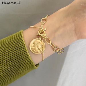 Korean Simple Gold Metal Plated Human Head Coin Pearl Portrait Leaf Bracelets For Women Girl Bangle Party Gift