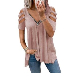 T-shirt con scollo a V con scollo a V con cerniera Waffle Top T-shirt oversize con maniche corte casual da donna estiva Plus Size Donna Soft 210526