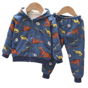 Herbst Jungen Kleidung Sets Kleinkind Mädchen Samt Mit Kapuze Jacke Mäntel Hosen Baby Outfits Trainingsanzug Für Kinder Cartoon Kleidung Set 211224