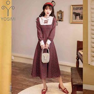 Yosimi Vintage Ekose Kadın Elbise Orta Buzağı Sonbahar Kış Tiki Tarzı Kırmızı Şarap Vestidos Peter Pan Yaka Uzun Kollu Elbiseler 210604