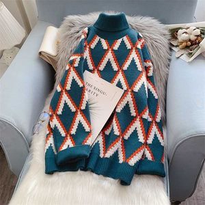 Ebaihui Moda Damska Turtleneck Sweter Koreański Winter Pullover Oversized Długi Rękaw Dzianiny Pani Argyle Swetry 211007