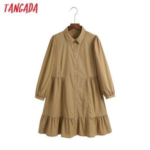 Tangada Summer Women Khaki Solid Shirt Dress Puff Three Quarter Sleeve Ladies Mini Dress Vestidos 6Z35 210609