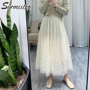 春の夏の長いチュールスカート女性韓国風のメッシュクローバー刺繍ハイウエストプリーツMIDI女性210421