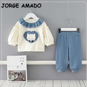 Primavera Neonate Set da 2 pezzi Maniche lunghe a sbuffo Colletto in pizzo blu Camicie Top + Pantaloni Abbigliamento per bambini E9162 210610