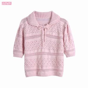 Chic Kobiety Lapel Z Krótkim Rękawem College Styl Sweet Jacquard Różowy Hollow T-shirt Vintage Mesh Knit Krótkie Damskie Topy 210507