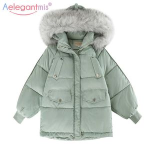 AELEGANTMIS осень зима повседневная женщин Parka мода с капюшоном пальто теплые меховые пальто дамы свободно короткие варианты беседы 210607