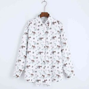 Kadınlar Gevşek Gömlek Sonbahar Moda Hayvan Baskılar Bluz Rahat Üst Noel Hediyesi Giyim Modern Kız Uzun Kollu Gömlek 210602