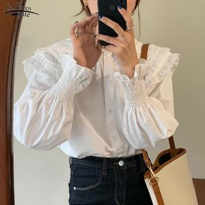 Moda Z Długim Rękawem Biała koszula Kobiety Peter Pan Collar Ruffles Vintage 's Koszulki Casual Bawełna Bluzka Blusa 12392 210508