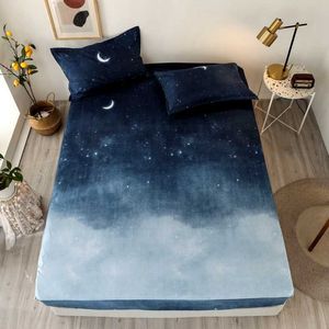 Bonenjoy 3 pcs Bed Sheet Blue Night Sky Reactive Prined Bed Sheets and Pillowcase drap de lit Sheet on Elastic 210626