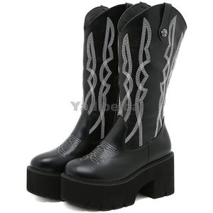 High Knee Mid Boots Winter Women Calf Boot Embroider Black Shoes Platform Western Riding Heel Chunky Shoe 273 383