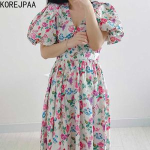 Korjpaa Kvinnor Klänning Koreanska Chic Sommar Söt Elegant Tryckta Blommor V-Neck Band Midja Lång Bubble Sleeve Vestido Kvinna 210526