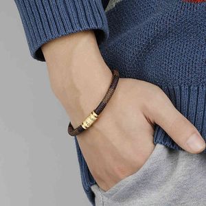 Bangle Charm Bracelets Titanium Steel Engraved Old Decor Cowhide Rope Stainless Magnetic Buckle Male and Female Couple
