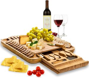 Premium Bamboo Cheese Board Set Trä Charcuterie Board Servering Platter med knivuppsättning Hidden Slid ut Lådan Ideal Gift för Bröllop JJA916