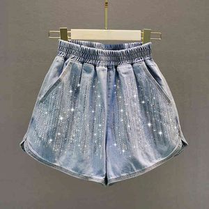 Sommer Damen Strass Bling Denim Shorts Elastische Taille Jeans Mode Mädchen Damen All-Match-Hose A3744 210428