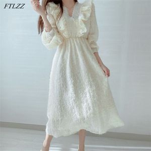 Vårhöst Kvinnor Elegant V-Neck Lace Patchwork Fairy Dress Vintage Feather Tassel Long High Waist Slim 210430