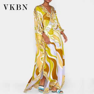 女性Vネック3四半期イエロードレスプラスサイズロングドレスファッション210507のためのVKBNバットウィングスリーブマキシドレス