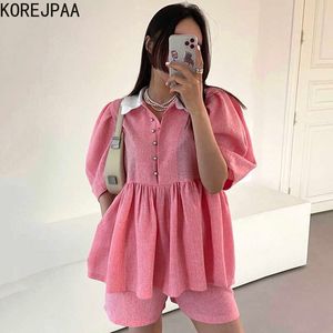 Korjpaa Kvinnor Sommar Koreanskt Chic Western Style Åldersreducerande Sweet Lapel Dollskjorta Hög midja Lösa Casual Shorts 210526