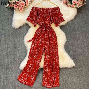 Temperament Floral Jumpsuit Women Off-Shoulder Ruffles Slash Neck Sexig Rompers Slim High Waist Wide Ben Byxor Bodysuit 210519