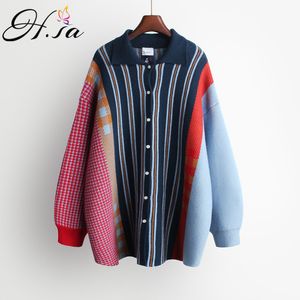 H.SA Kvinnor Vinter Casual Kntting Tröjor Slå ner Krage Striped Patchwork Outwear Jumpers Soft Warm Long Koreansk Chic Sweater 210417